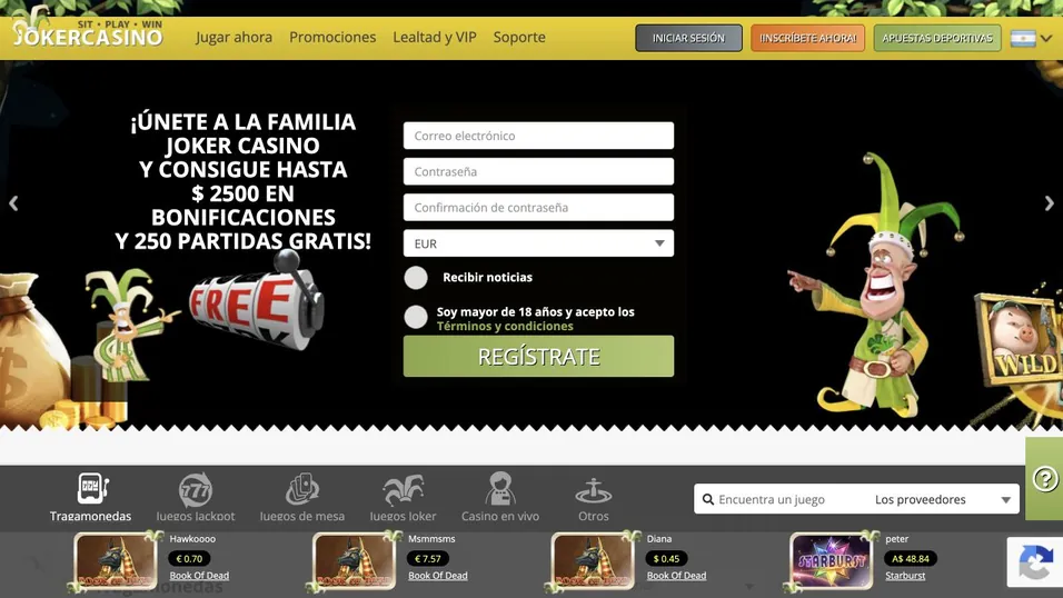 Joker Casino: página principal (escritorio)